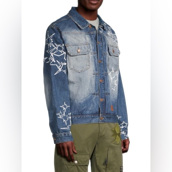 Billionaire Boys Club Button Up Denim Jacket Stars Faded Wash Distressed Collar - Picture 4 of 16